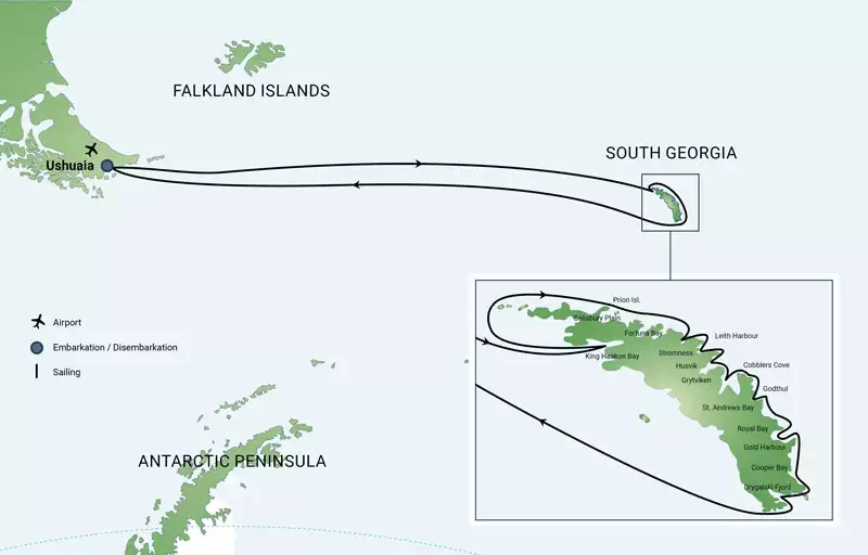 Route map of South Georgia Explorer cruise, round-trip from Ushuaia, Argentina, with visits along the island's north shore.
