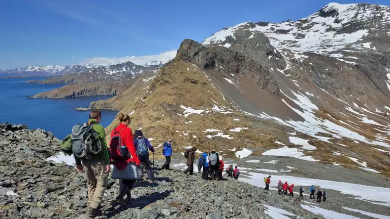 Antarctica travelers hike in a line under sun & over rocky mountain peaks by blue bay during the South Georgia Grand Tour.