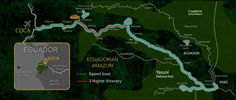 Route map of 4-day Manatee & Anakonda Amazon cruise down the Napo River from Coca to Panacocha.