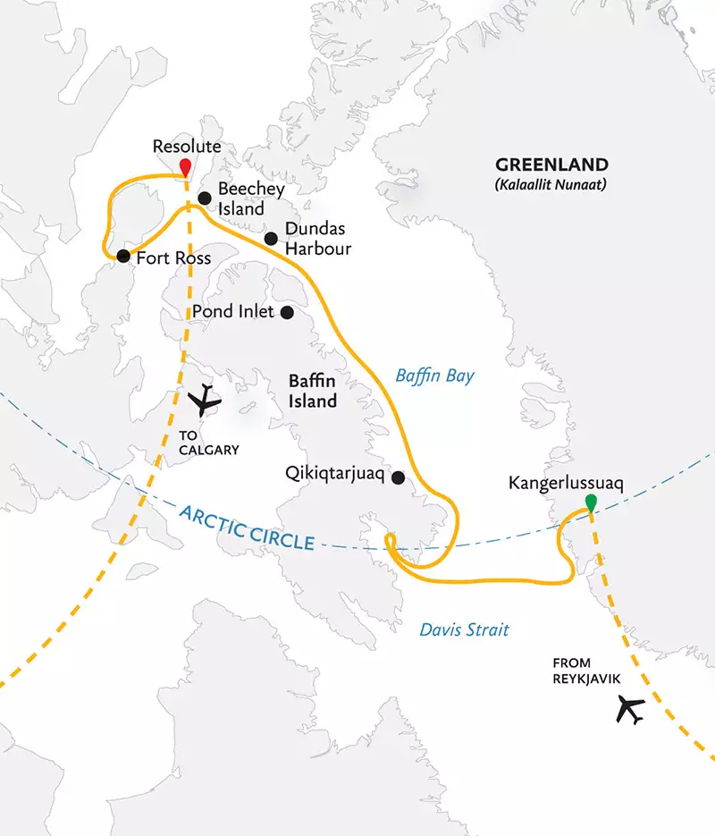 Route map of Northwest Passage: The Legendary Arctic Sea Route cruise from Kangerlussuaq, Greenland to Resolute, Canada with charter flights to start in Reykjavik, Iceland & end in Calgary, Canada.