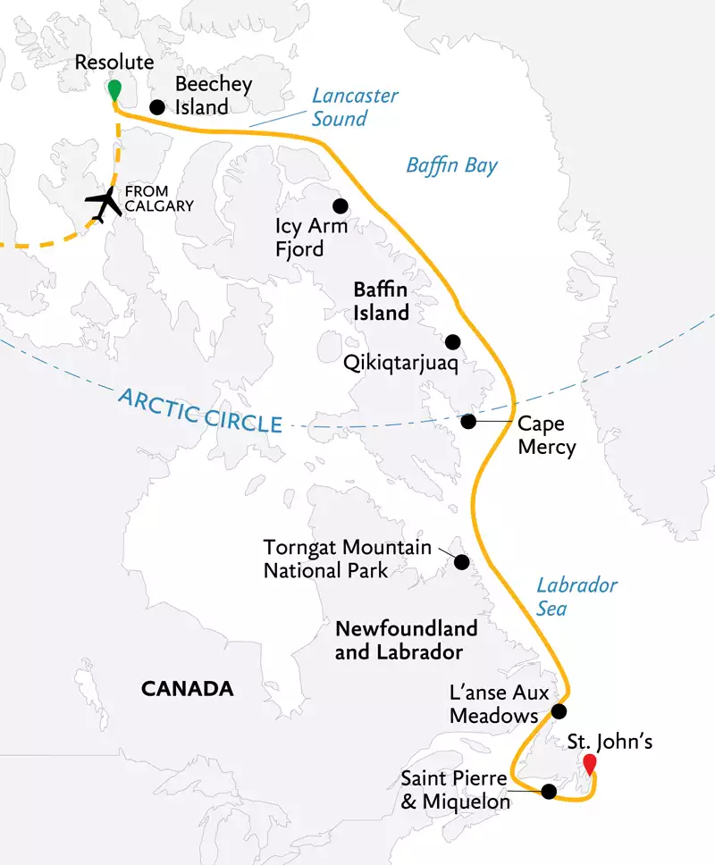 Route map of Northwest Passage to Newfoundland cruise from Resolute to St. John's with a pre-cruise overnight in Calgary & flight to Resolute.
