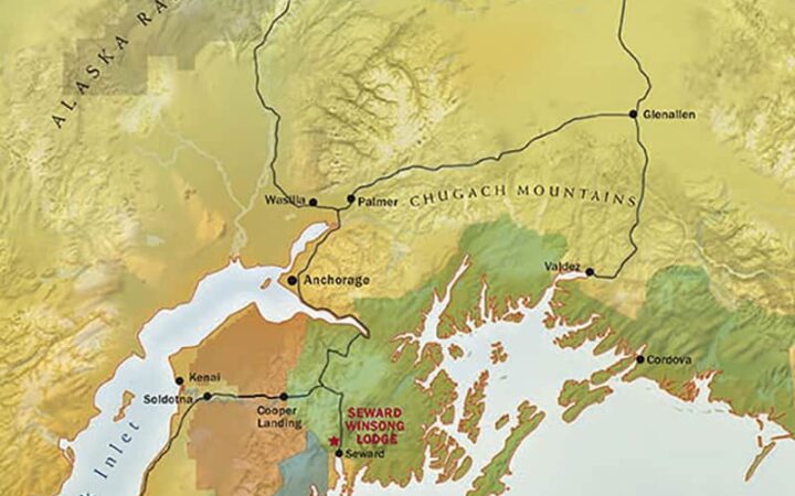 Route map of Kenai Fjords Backcountry Explorer Alaska land tour, operating round-trip from Anchorage with visits around the Kenai peninsula and national park.