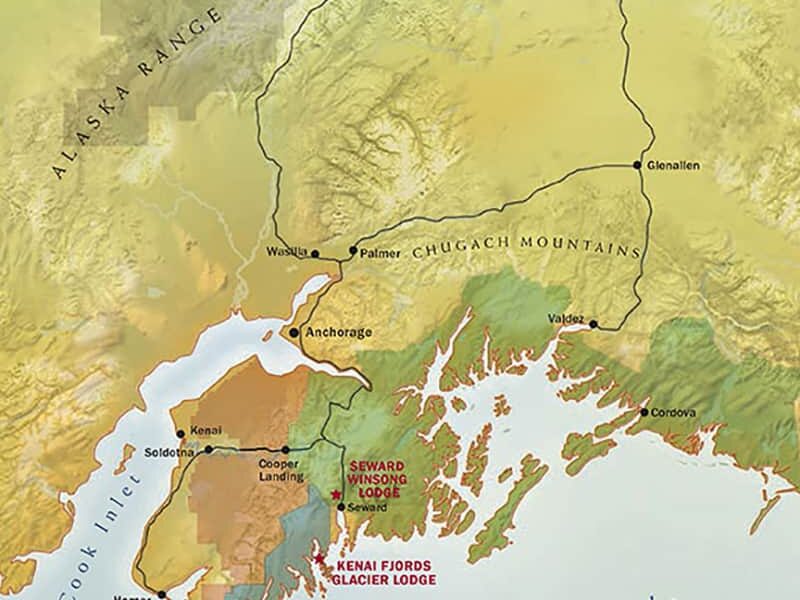 Route map of Kenai Fjords Backcountry Explorer Alaska land tour, operating round-trip from Anchorage with visits around the Kenai peninsula and national park.