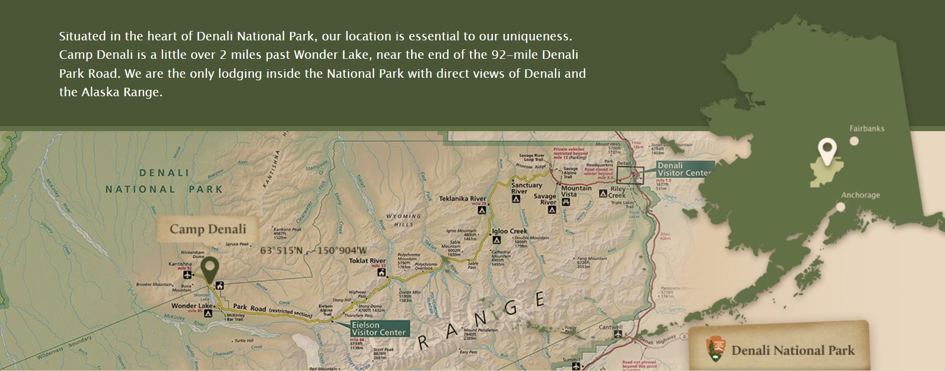 Map showing placement of Camp Denali within Denali National Park, Alaska.