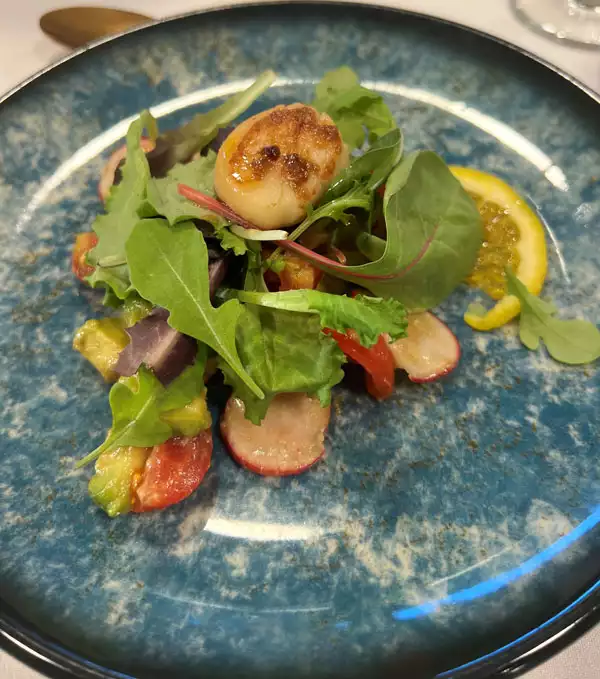 Plated salad served on Galileo cruise ship in Greece with microgreens, radish, lemon, tomato & scallop on top.