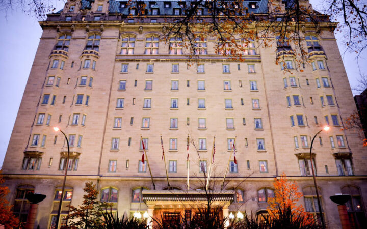 Dawn exterior of Fort Garry Hotel in Winnipeg, Canada.
