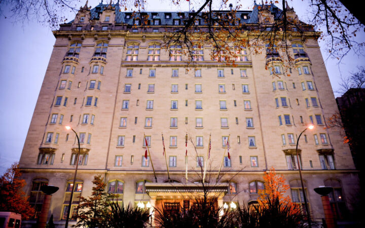 Dawn exterior of Fort Garry Hotel in Winnipeg, Canada.