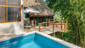 Infinity pool and two outdoor decks on the Tree Top Villa at Chaa Creek with surrounded by jungle foliage.