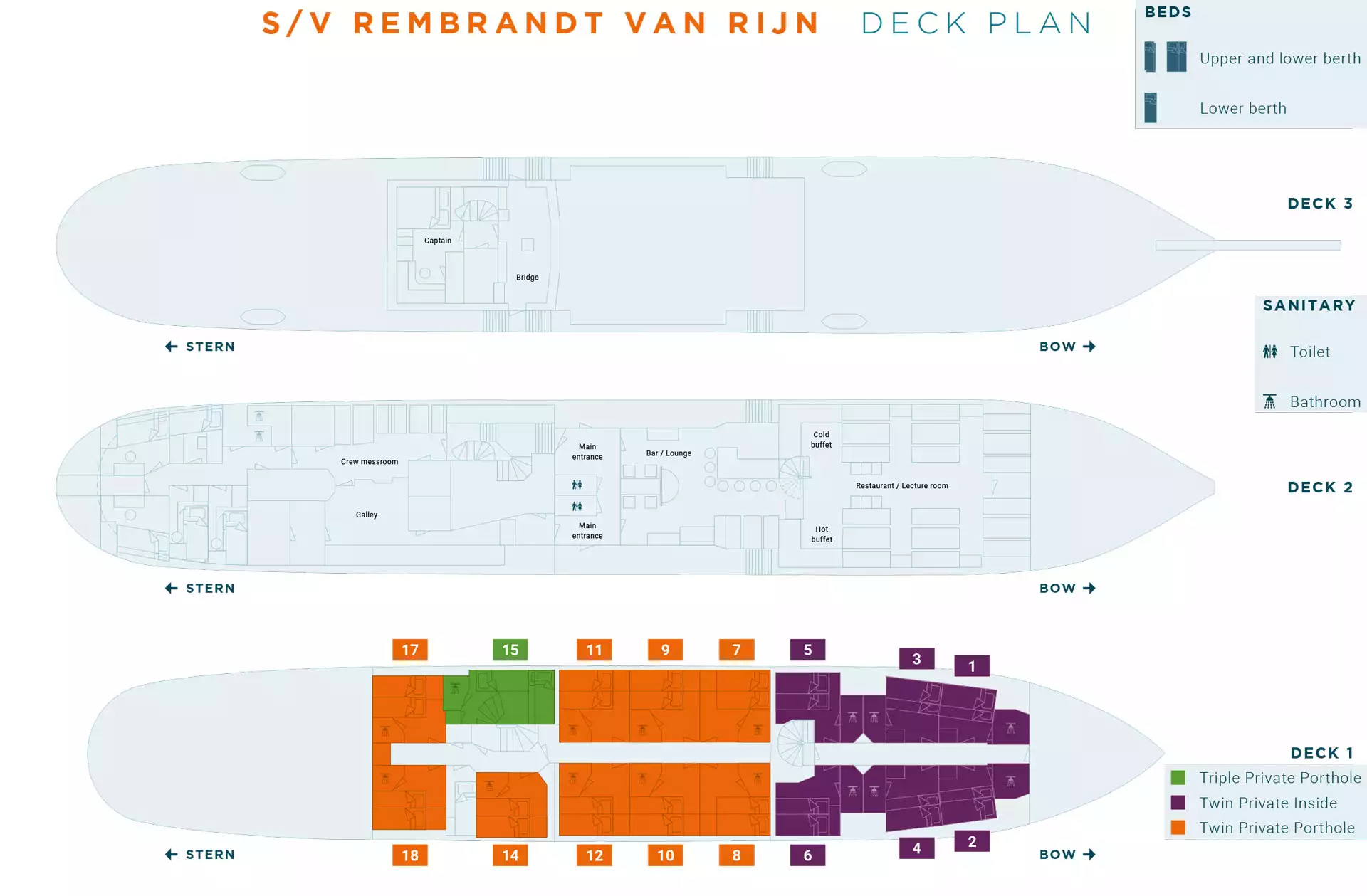 Rembrandt van Rijn small ship deck plan with 3 levels and a color-coded cabin category key.