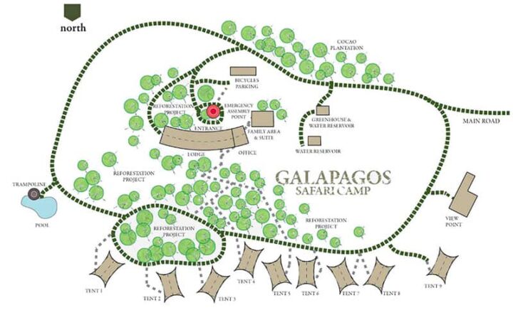 Map of Galapagos Safari Camp on Santa Cruz Island, showing a path connecting 9 luxury tents, 1 family suite, the lodge, trampoline, pool, bicycle parking area, greenhouse & water reservoir and the viewpoint.
