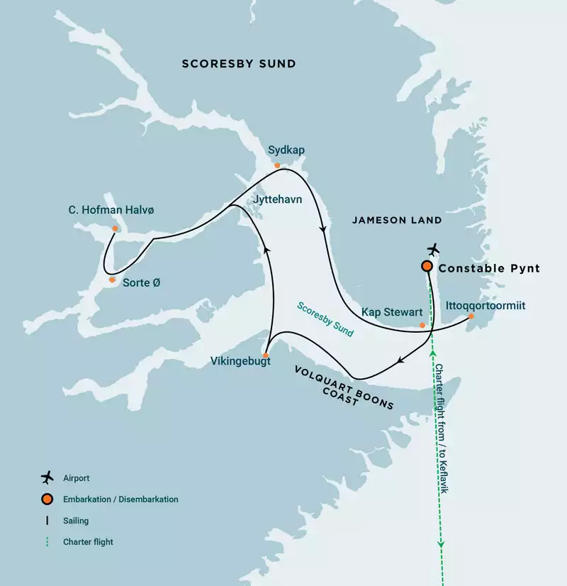 Route map of Scoresby Sund Aurora Borealis Fly Round-Trip east Greenland voyage itineraries, operating round-trip from Keflavik, Iceland, with visits to Constable Pynt, Ittoqqortoomiit, Sydkap & more.
