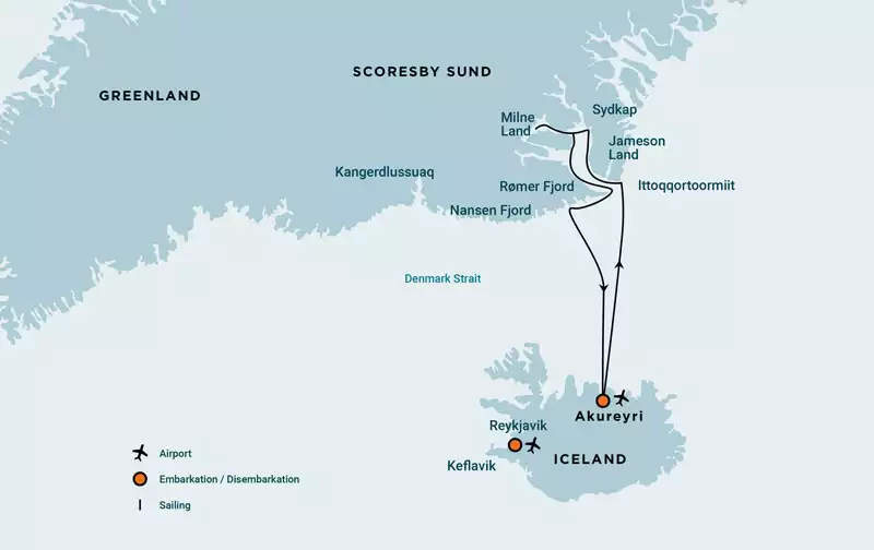 Route map of Scoresby Sund Aurora Borealis voyage, operating round-trip from Aukureyri, Iceland, with visits along southern Greenland.