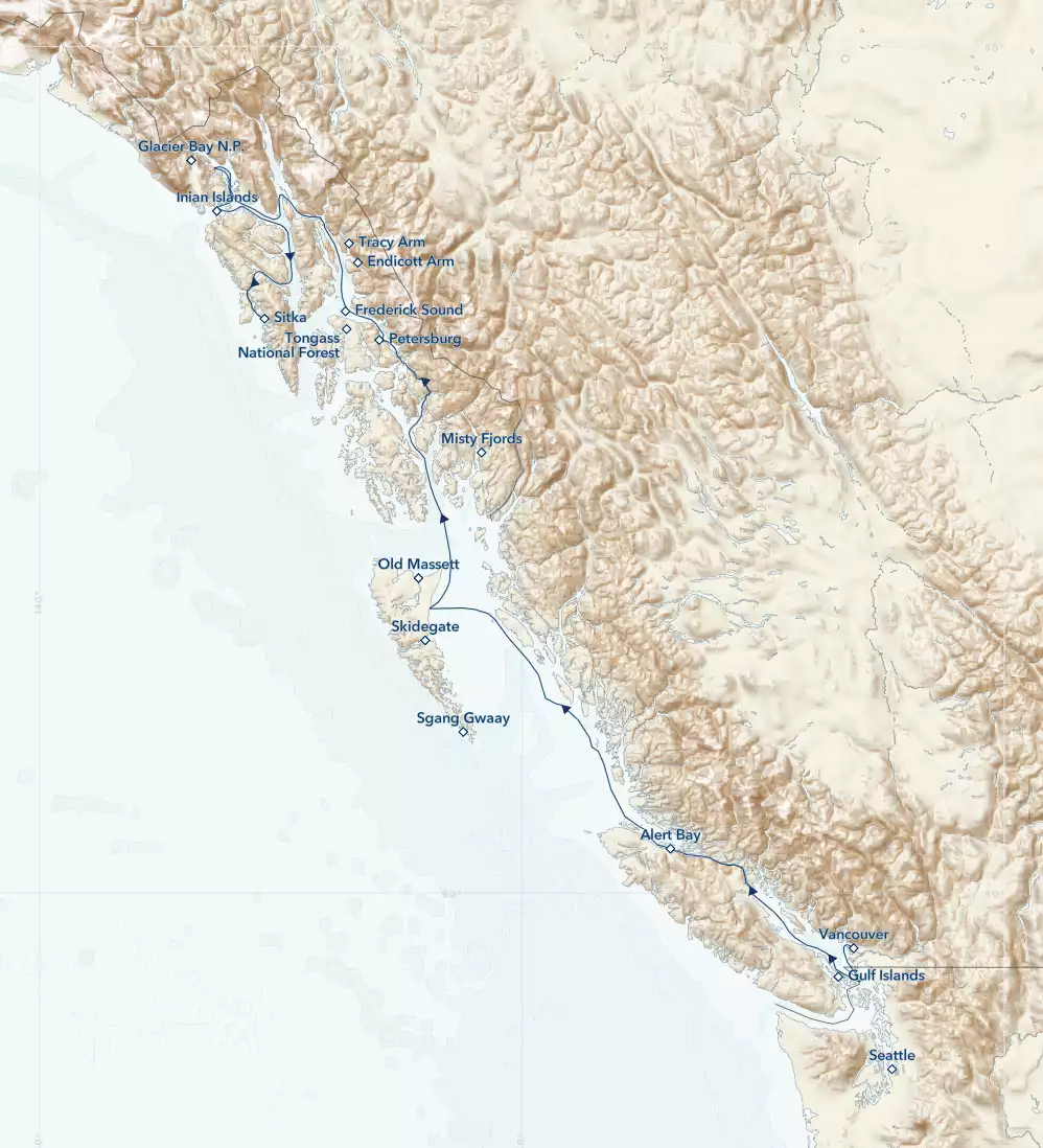 Route map of main A Remarkable Journey to Alaska, British Columbia & Haida Gwaii cruise from Sitka, Alaska to Vancouver with visits to Gulf Islands, Johnstone Strait, Alert Bay, Misty Fiords, Frederick Sound, Petersburg, Tracy Arm-Fords Terror Wilderness, Glacier Bay National Park, Icy Strait & the Inian Islands.