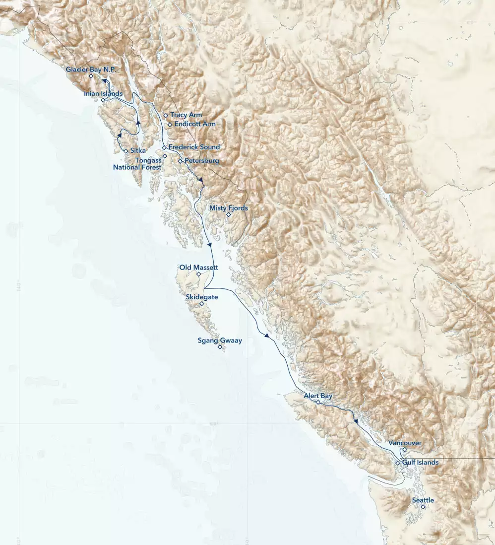 Route map of reverse A Remarkable Journey to Alaska, British Columbia & Haida Gwaii cruise from Vancouver to Sitka, Alaska, with visits to Gulf Islands, Johnstone Strait, Alert Bay, Misty Fiords, Frederick Sound, Petersburg, Tracy Arm-Fords Terror Wilderness, Glacier Bay National Park, Icy Strait & the Inian Islands.