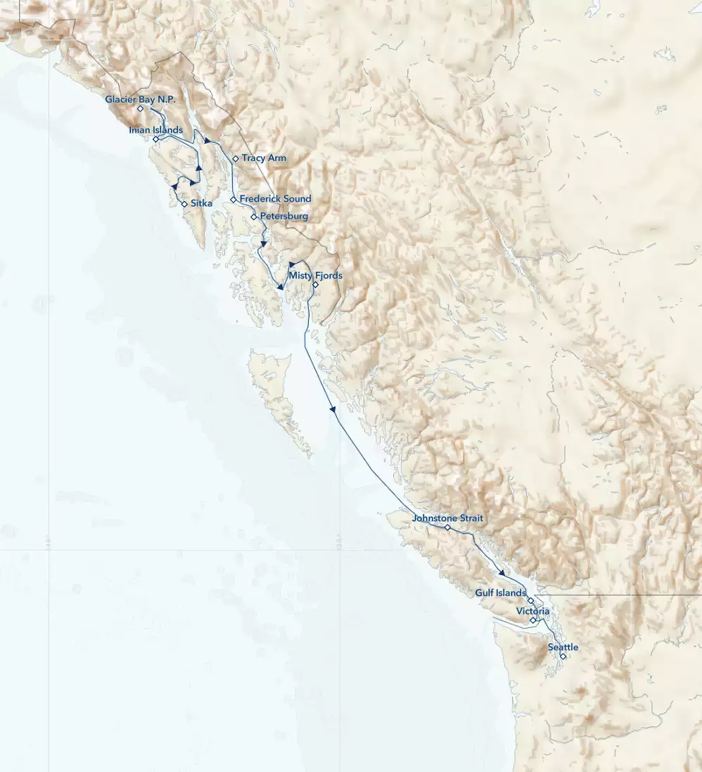 Route map of Southbound Treasures of the Inside Passage: Alaska & British Columbia cruise from Sitka, Alaska to Seattle, Washington.