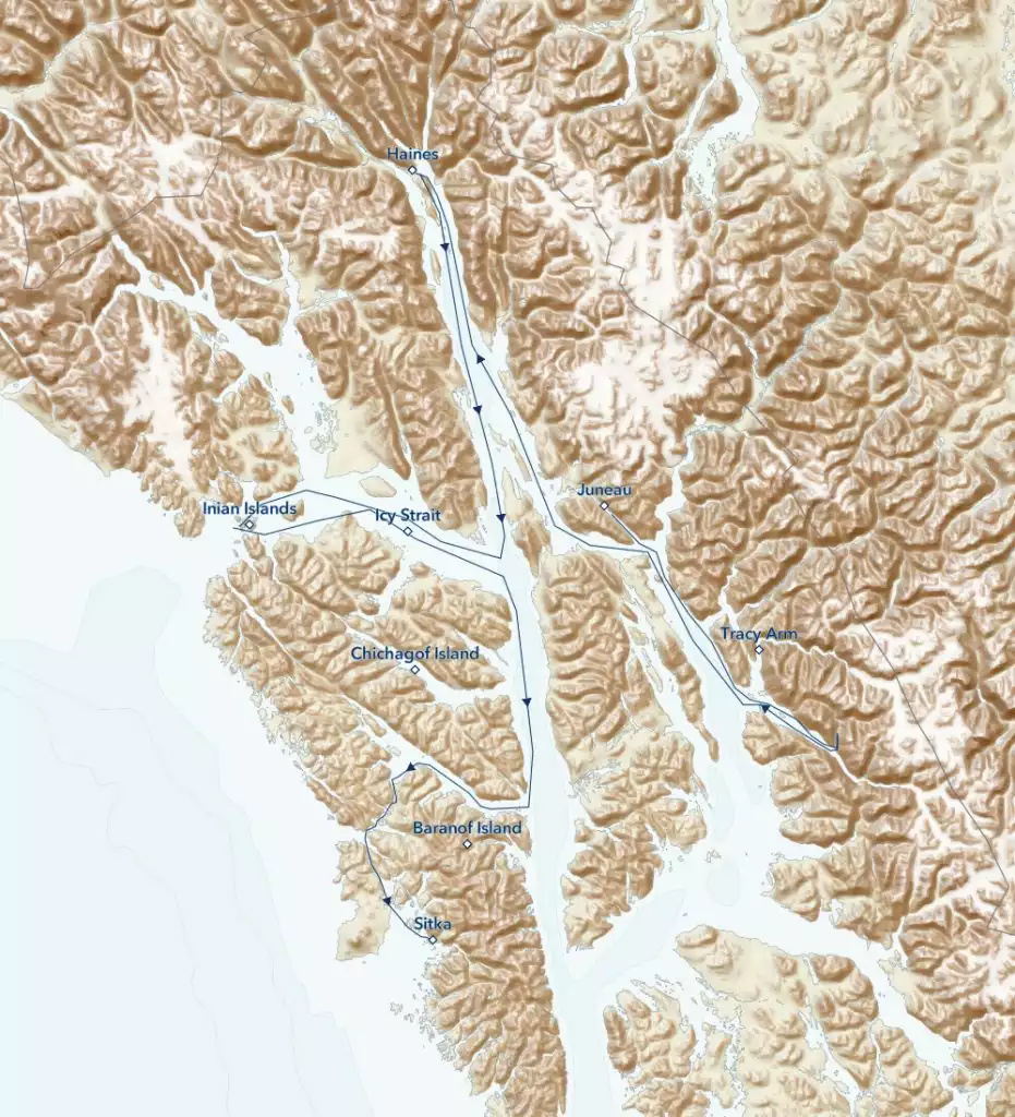 Route map of reverse, westbound Wild Alaska Escape: Sitka & Juneau small ship cruise, with visits to Haines, Tracy Arm & more.