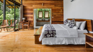 Sacha Lodge suite featuring a king bed balcony with hammock and chairs with lots of light and windows showcasing the jungle