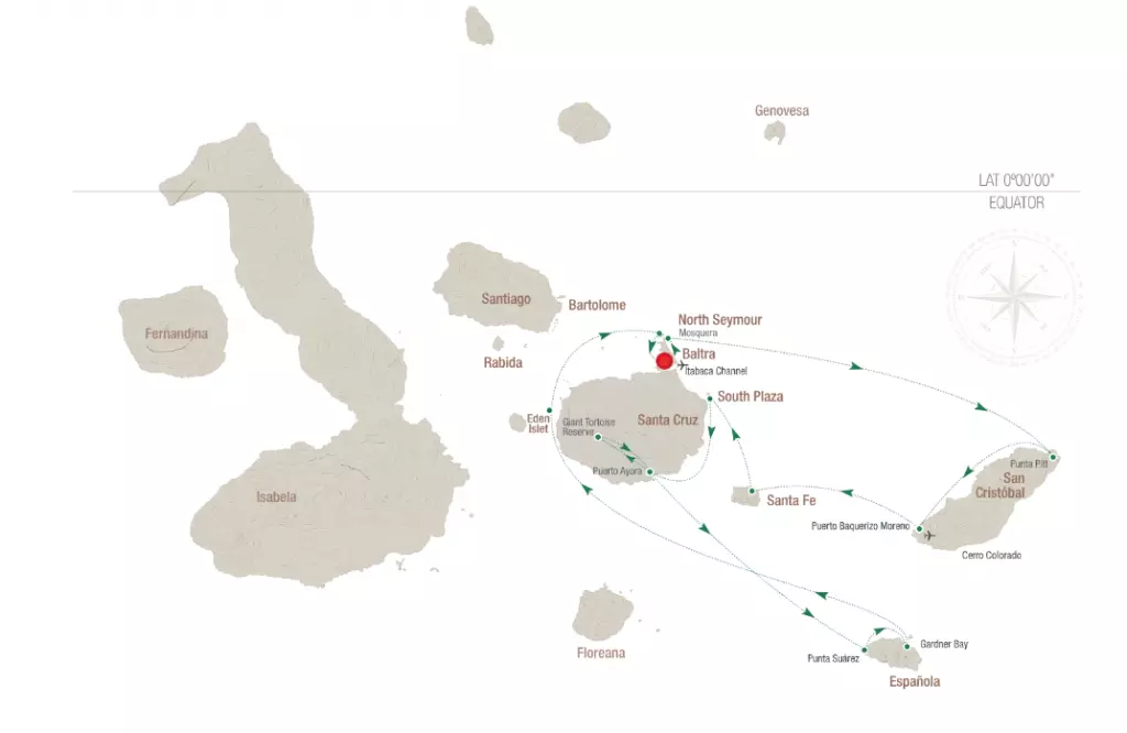 Example route map of an eastern Galapagos Islands itinerary showing the path of a ship sailing the islands of San Cristobal, Santa Fe, Espanola and Santa Cruz