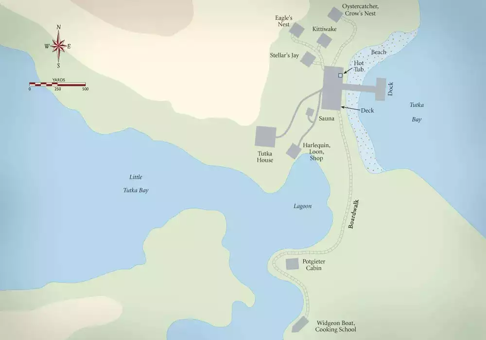Map naming each building on the grounds of Tutka Bay Lodge on a spit between 2 bays, near Homer, Alaska.
