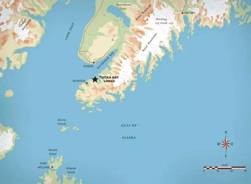 Map showing location of Tutka Bay Lodge on the Kenai Peninsula near Homer, Alaska.