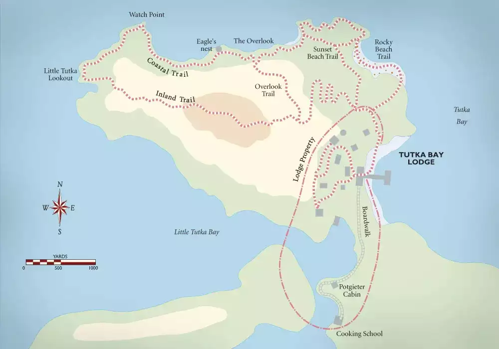 Map showing property line of Tutka Bay Lodge & its surrounding trails & bays near Homer, Alaska.