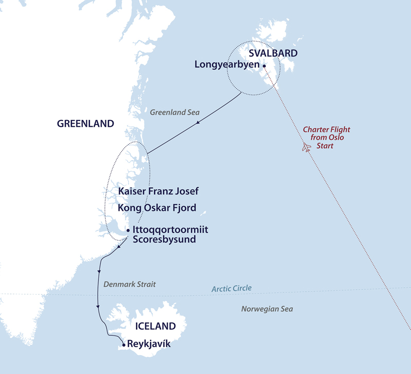 Route map of Jewels of the Arctic - Greenland Solar Eclipse cruise from Svalbard to Reykjavik & east Greenland, starting with a flight from Oslo.