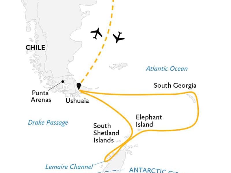 Route map of Penguin Safari expedition, operating round-trip from Buenos Aires, Argentina, with visits to South Georgia Island, the South Shetland Islands & the Antarctic Peninsula.