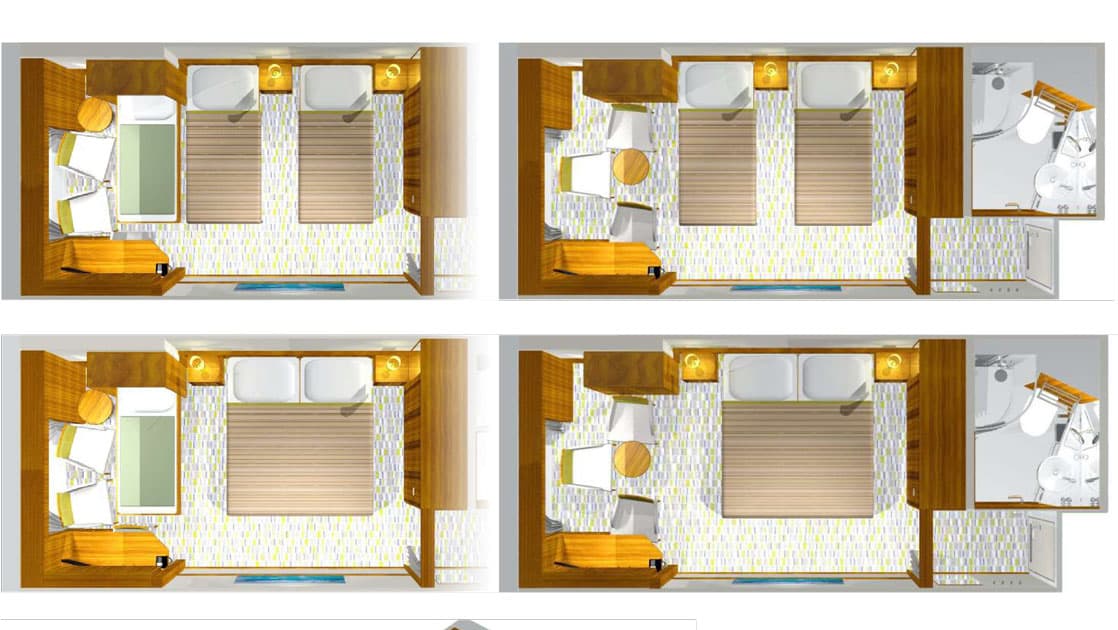 Bird's eye view of Triple Stateroom aboard M/S Seaventure, with 1 queen or 2 twin beds plus a 3rd twin bed, set up during day (bedding for 2) and night (bedding for 3).