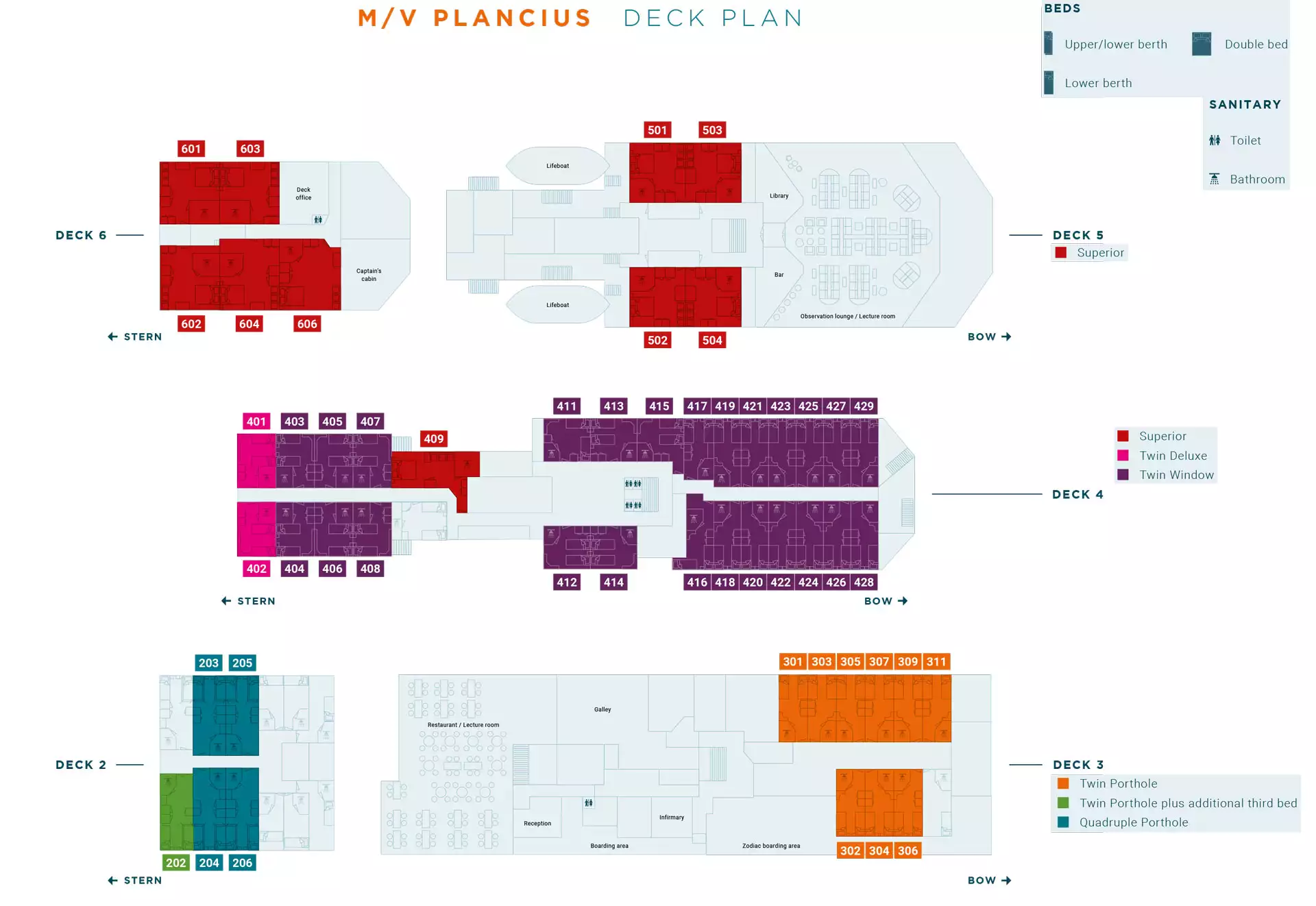 Plancius deck plan showing 51 color-coded cabins over 3 passenger decks plus social areas such as the Observation Lounge.