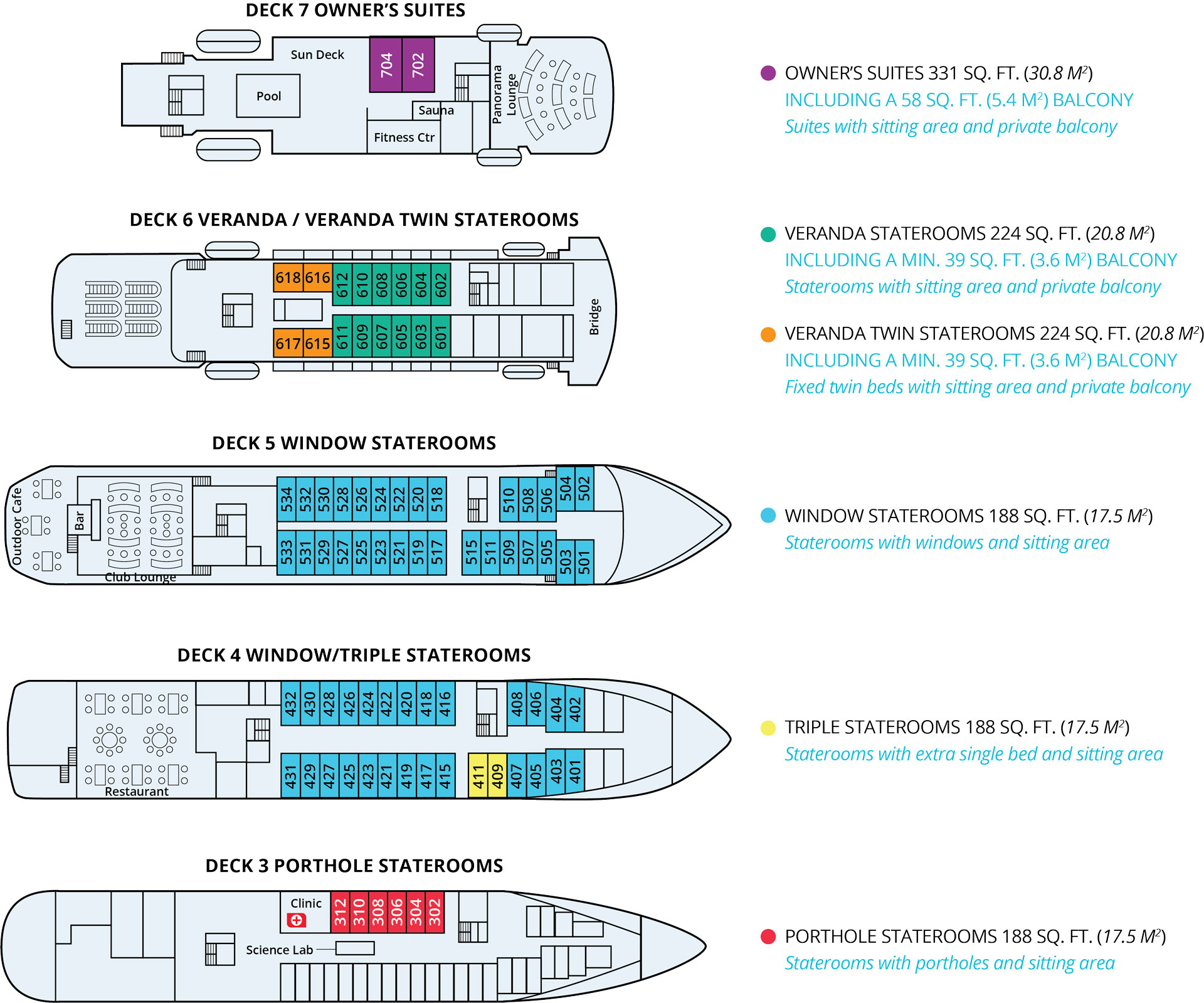 Deck plan of Antarctica small ship M/S Seaventure, with 5 passenger decks & 5 cabin categories.