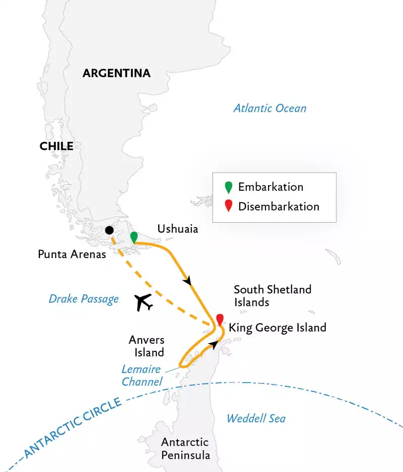 Route map of Antarctic Express: Cruise South, Fly North Antarctica small ship air cruise, cruising from Ushuaia, Argentina to Antarctica & ending with a charter flight to Punta Arenas, Chile.