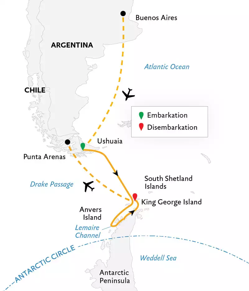 Route map of Antarctic Express: Cruise South, Fly North via Buenos Aires Antarctica small ship air cruise, starting with an overnight in Buenos Aires & charter flight to embark in Ushuaia, cruising to Antarctica & ending with a charter flight to Punta Arenas, Chile.