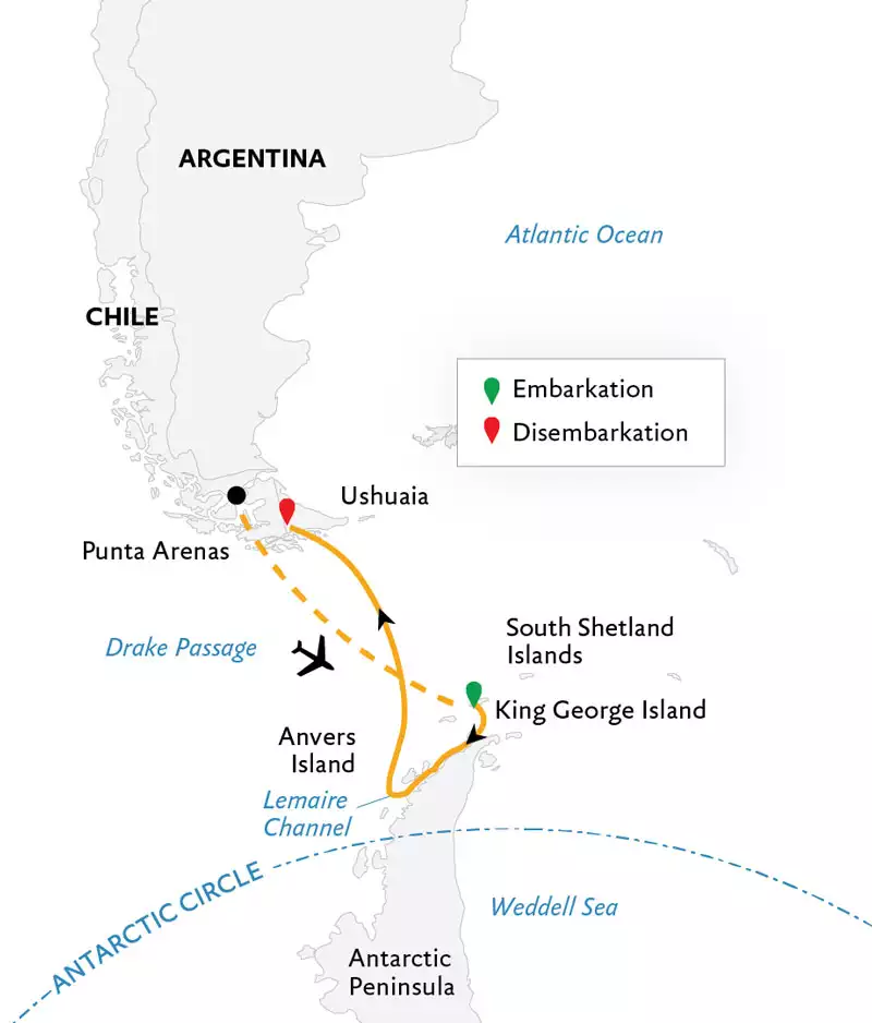 Route map of Antarctic Express: Fly South, Cruise North Antarctica small ship air cruise, flying from Punta Arenas, Chile to Antarctica & ending by cruising to disembark in Ushuaia, Argentina.