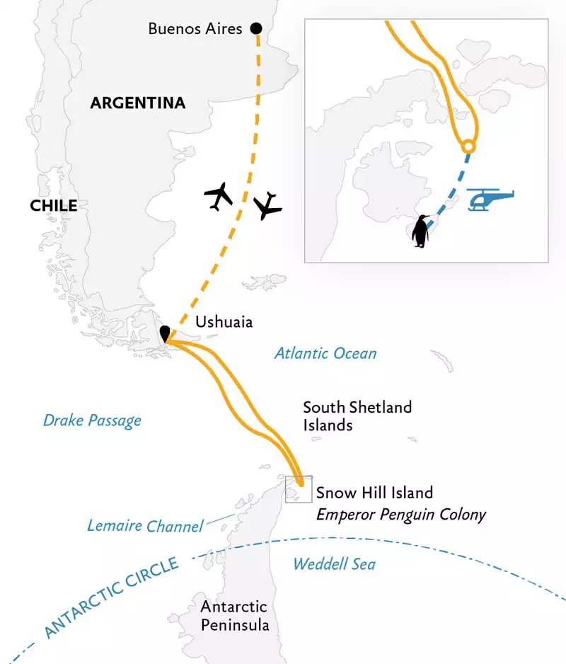 Route map of Emperor Penguin Quest Antarctica voyage sailing round-trip from Ushuaia, Argentina, with a visit to Snow Hill, bookended by round-trip Buenos Aires flights.