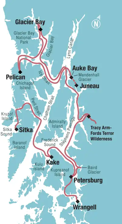 Route map of Glacier Bay & Island Adventure small ship cruise, operating between Sitka & Juneau with visits to Wilderness Bay, Kake, Wrangell, Petersburg, Thomas Bay, Baird Glacier, Tracy Arm Fjord, Glacier Bay National Park, Lisianski Inlet & Pelican.