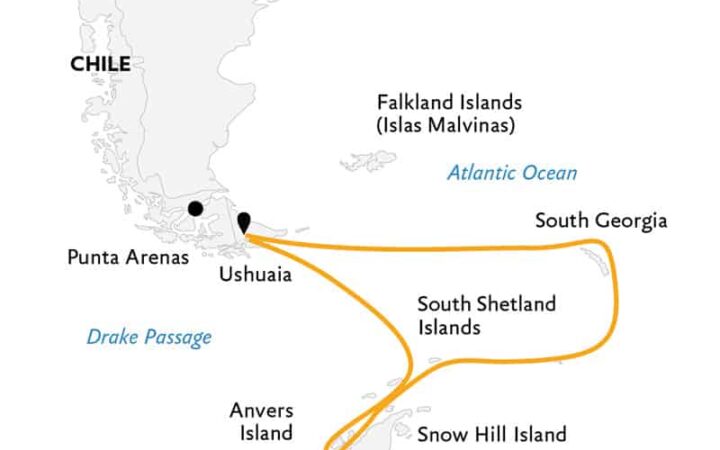 Route map of Penguin Safari expedition, operating round-trip from Ushuaia, Argentina, with visits to South Georgia Island, the South Shetland Islands & the Antarctic Peninsula.