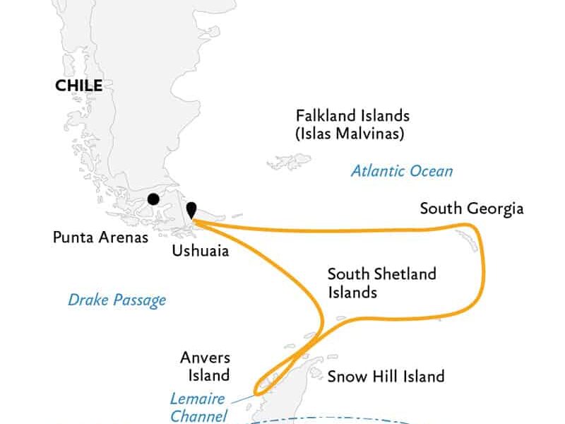 Route map of Penguin Safari expedition, operating round-trip from Ushuaia, Argentina, with visits to South Georgia Island, the South Shetland Islands & the Antarctic Peninsula.