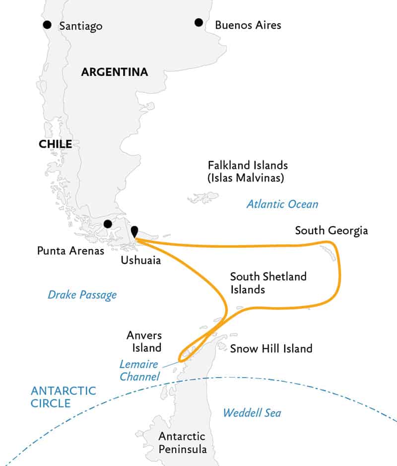 Route map of Penguin Safari expedition, operating round-trip from Ushuaia, Argentina, with visits to South Georgia Island, the South Shetland Islands & the Antarctic Peninsula.