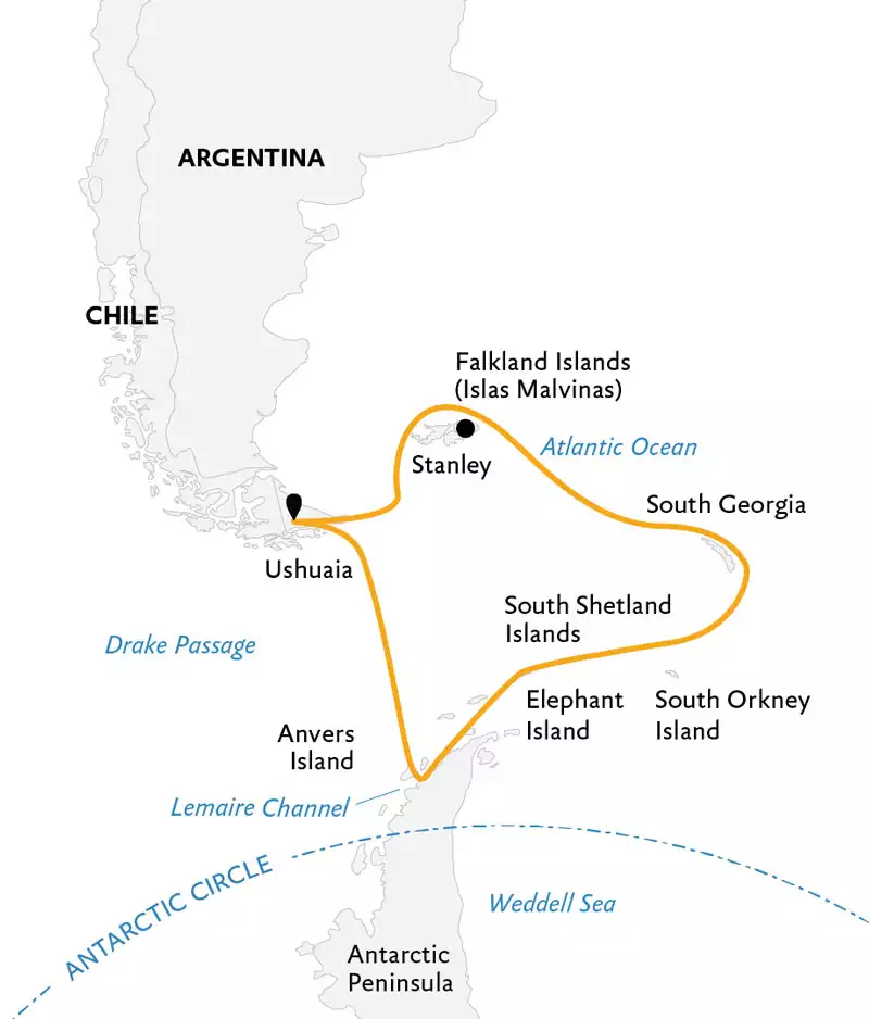 Route map of Penguins of the Far South cruise round-trip from Ushuaia, Argentina with stops at the Falkland Islands, South Georgia & Antarctica.