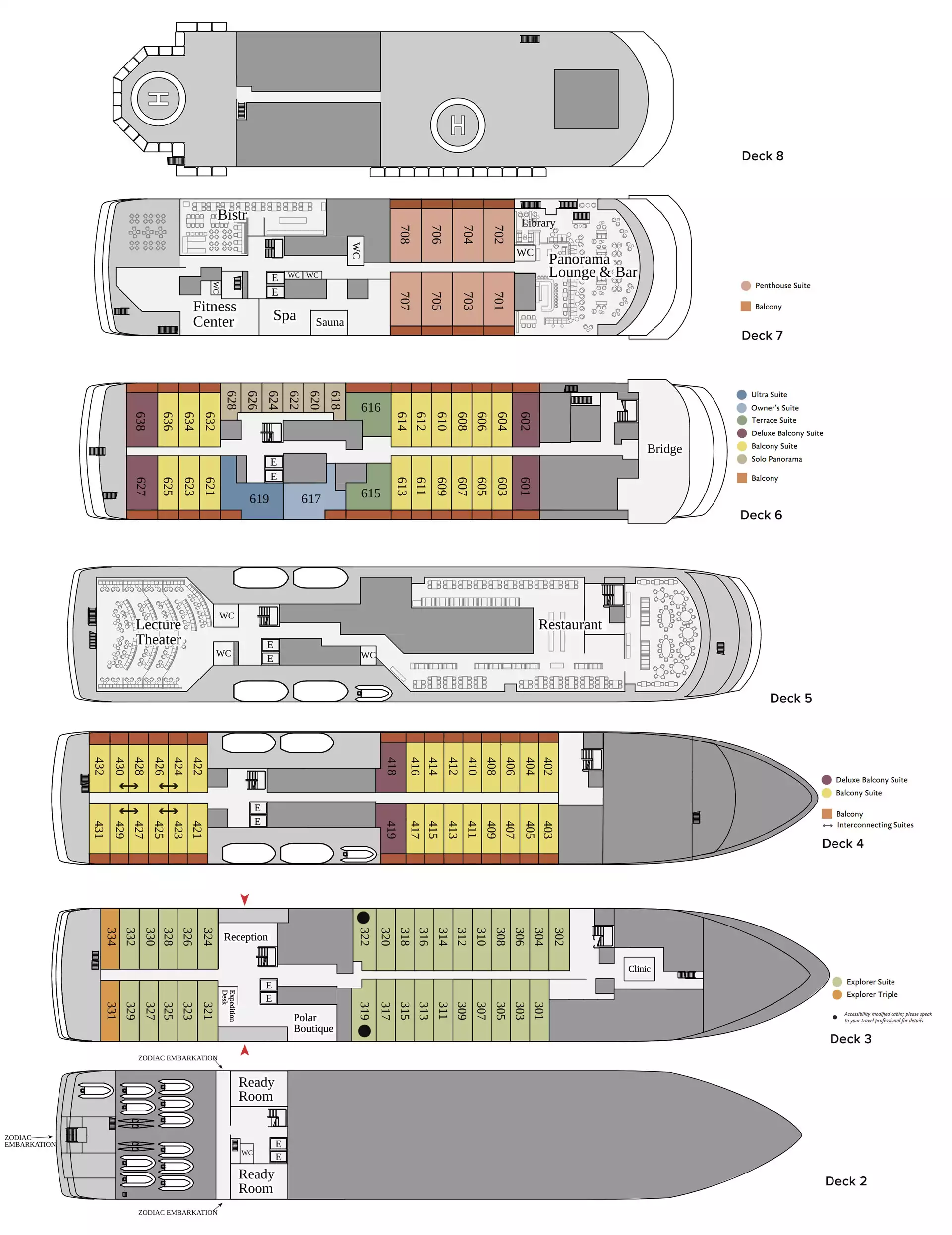 Deck plan of Ultramarine ship showing 103 color-coded cabins, 7 guest decks & various social spaces.