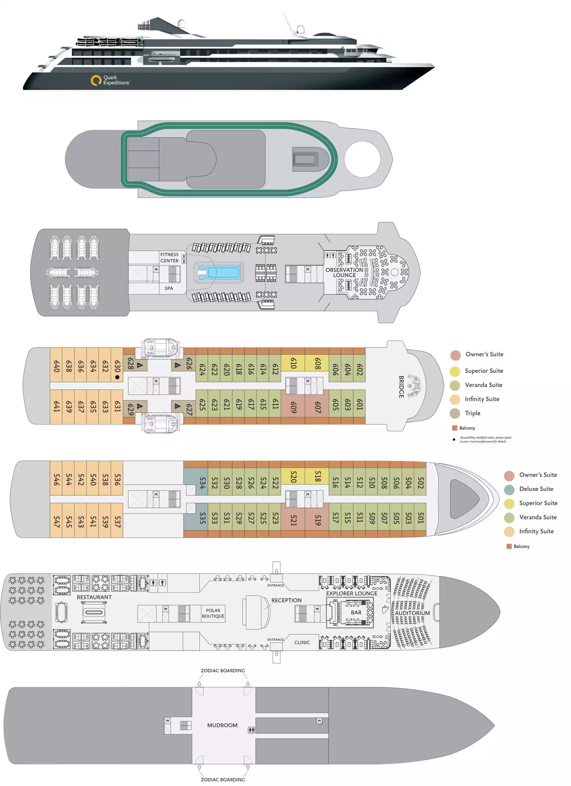 Deck plan of World Explorer expedition ship with 6 passenger decks (8 total) & 2 decks with 6 color-coded cabin categories.
