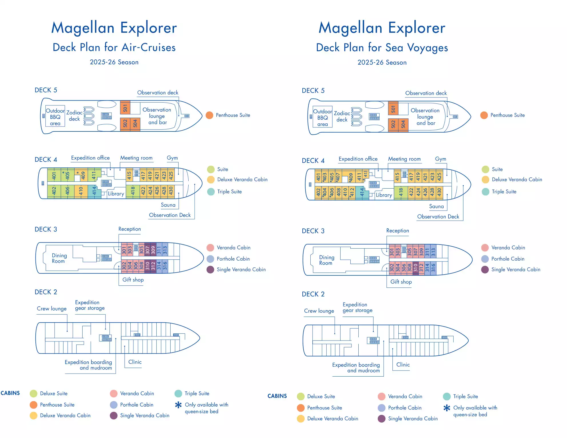 Two deck plans for polar ship Magellan Explorer, showing capacity for 76 or 96 guests across 3 decks, for the 2025-26 season of air cruises and sea voyages.