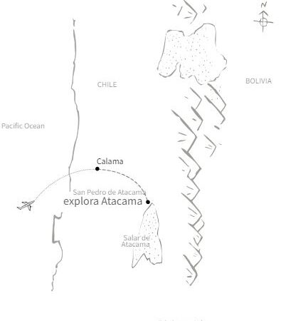 Route map of 4-, 5-, 6- & 7-day Explora Atacama land tour, operating round-trip from Calama, Chile, with time spent in the desert community of Ayllu de Larache, in southern Chile.