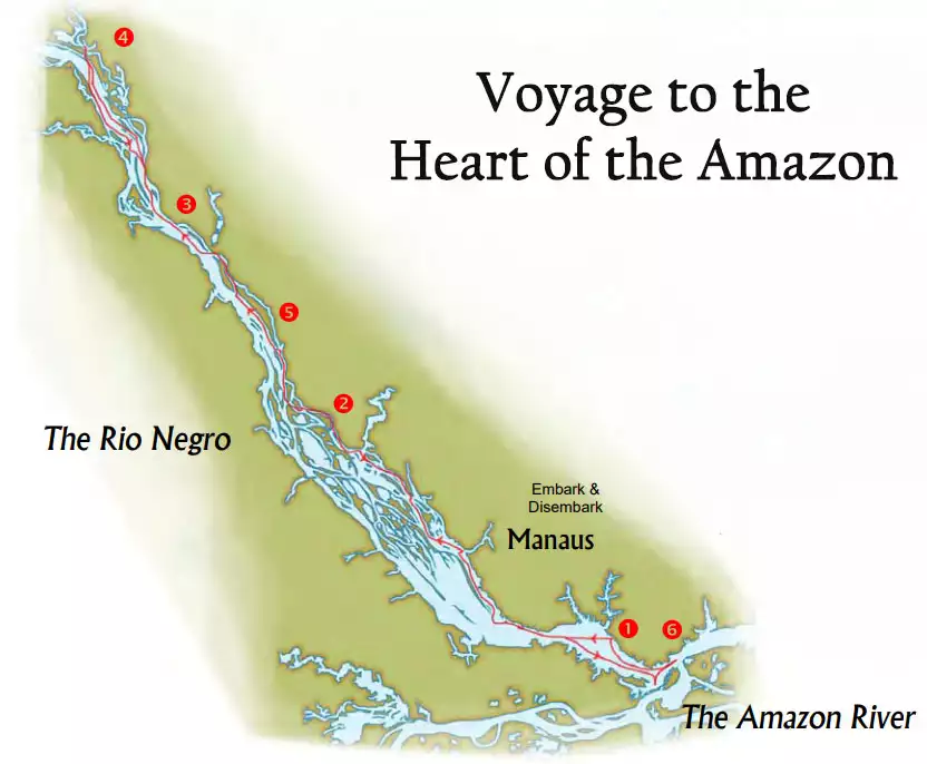 Map showing the 7-day cruise route of the Tucano in the Brazilian Amazon round-trip from Manaus with red numbers showing the days.