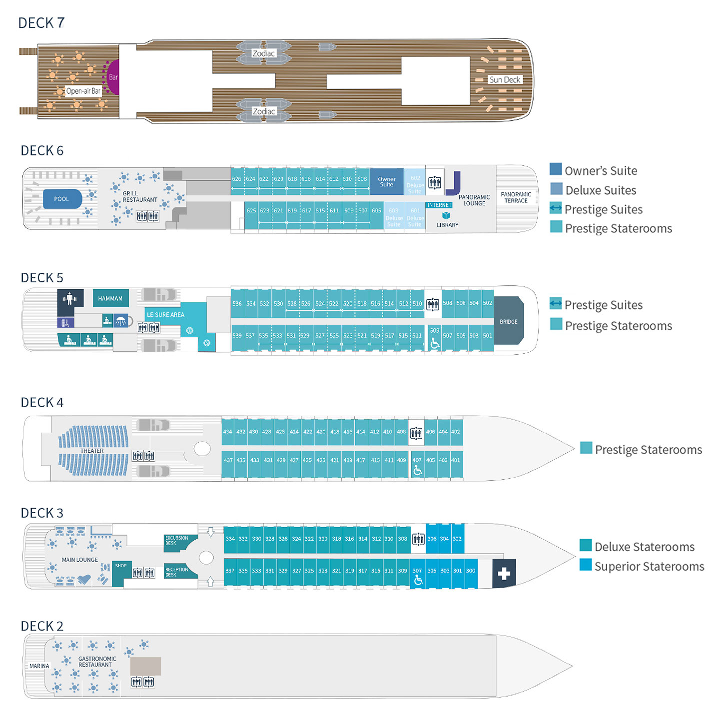 Deck plan of Le Boreal luxury expedition ship with 6 guest decks, social areas & color-coded cabin categories for up to 264 guests.