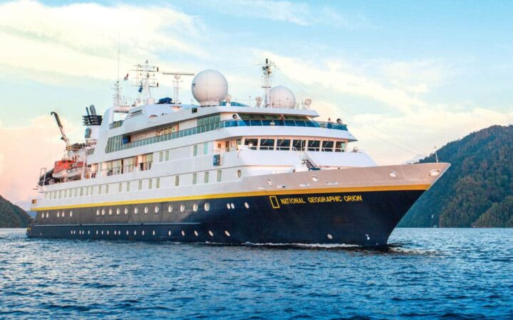 Full exterior of starboard side and bow of National Geographic Orion expedition ship