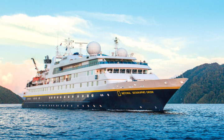 Full exterior of starboard side and bow of National Geographic Orion expedition ship