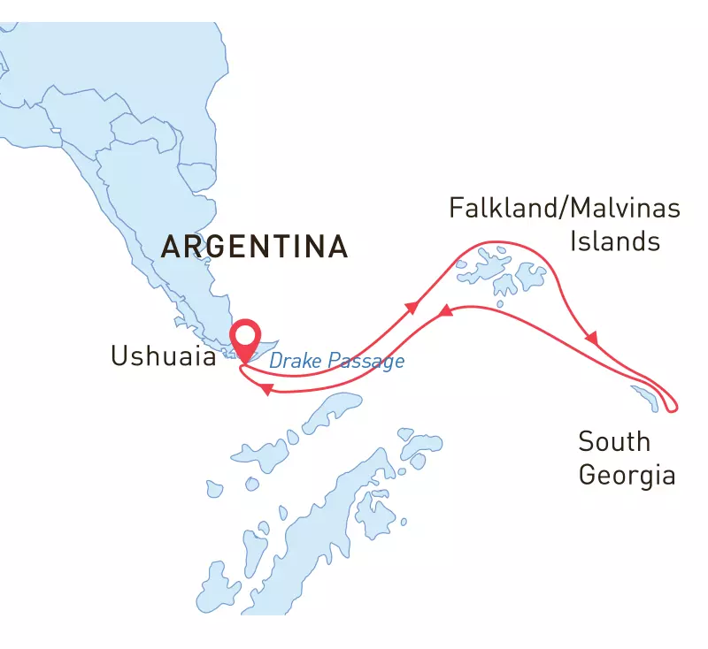 Route map of 19-day Falklands & South Georgia: Best of the Southern Ocean cruise round-trip from Ushuaia.