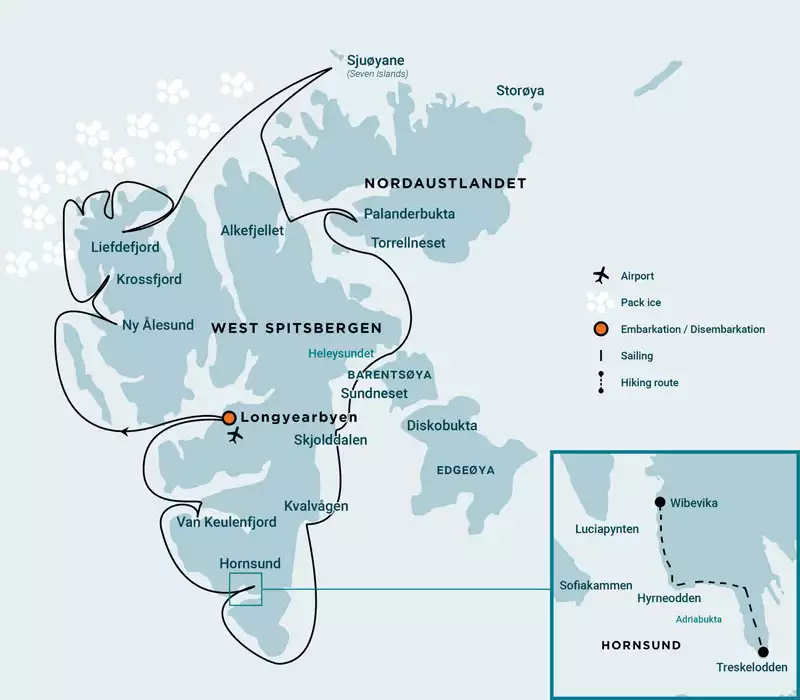 Route map of Around Spitsbergen Arctic small ship cruise, operating round-trip from Longyearbyen, Norway and circumnavigating the island of Spitsbergen, with stops at Krossfjorden, Ny Ålesund, Liefdefjorden, Monaco Glacier, Phippsøya, Nordaustlandet, Barentsoya Island, Bell Sund & Ahlstrandhalvøya.