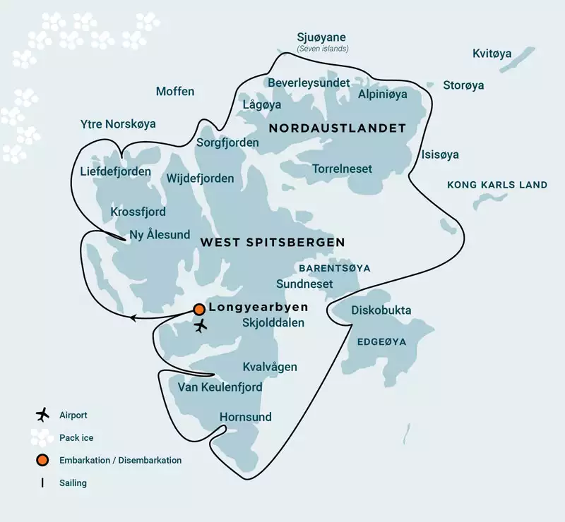 Route map of Around Spitsbergen incl Nordaustlandet voyage, operating round-trip from Longyearbyen, Norway and circumnavigating the island with aim to visit its northeastern sub island.